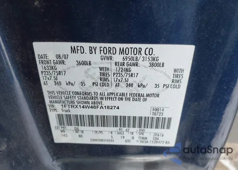 2008 Ford F-150 Stx/Xl/Xlt из США, поврежденный, VIN 1FTRX14W48FA18274